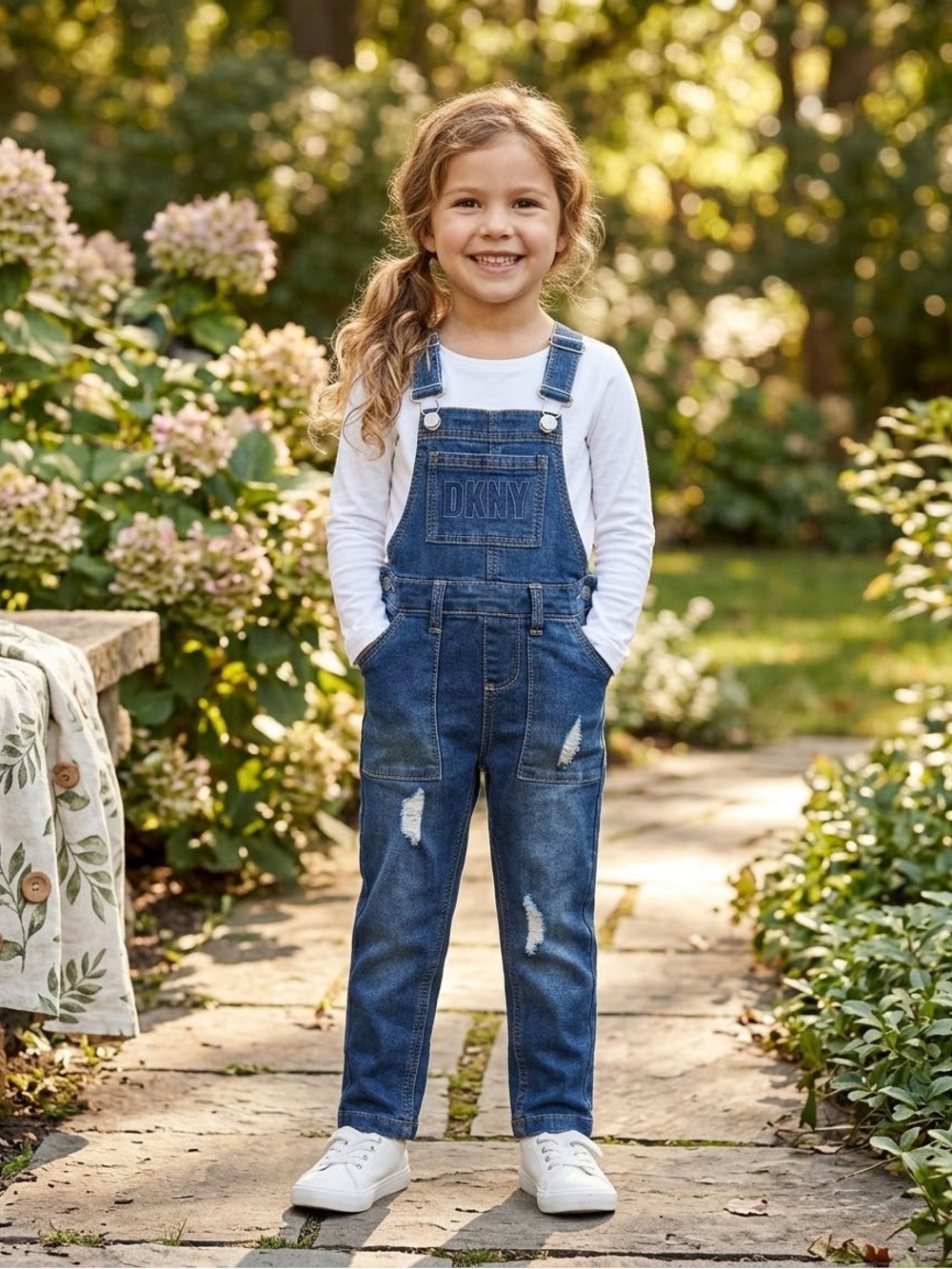 DKNY Dark Blue Distressed Denim Overalls for Kids